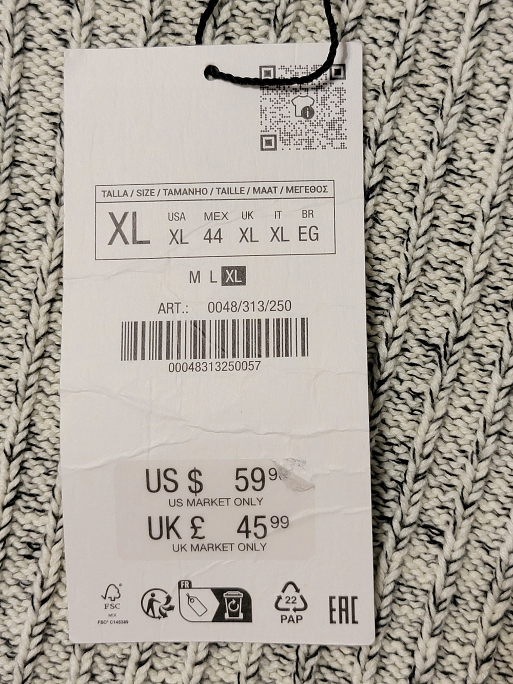 NWT Zara XL Black White Marled Chunky Ribbed Knit 100% Cotton Sweater - Picture 10 of 16
